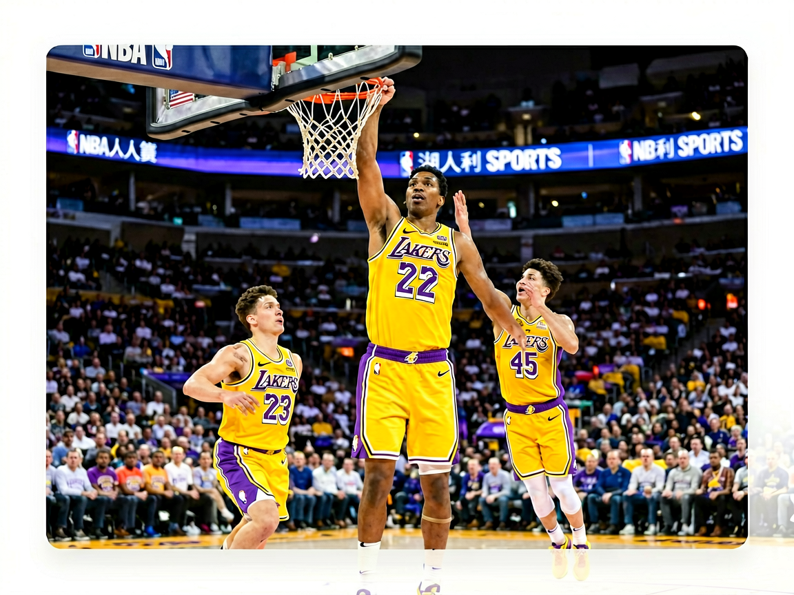 NBA湖人队主场篮球比赛现场，球员扣篮精彩瞬间